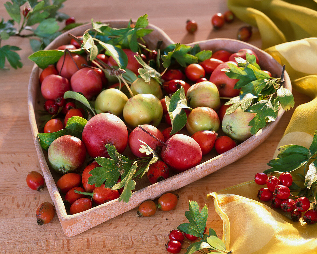 Heart shaped clay bowl with malus (ornamental apple)