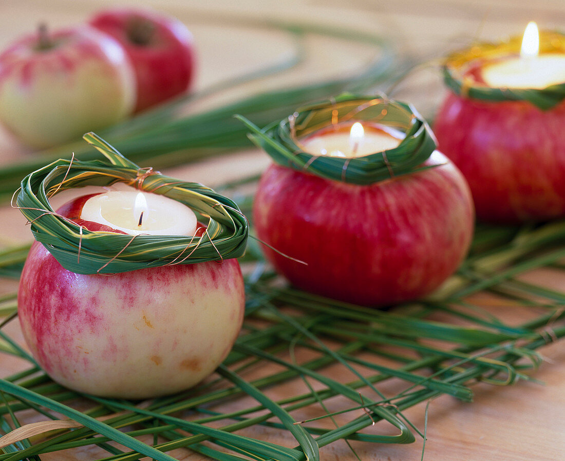 Malus (apples) as tealight holders, Spartina (golden bar grass) braided