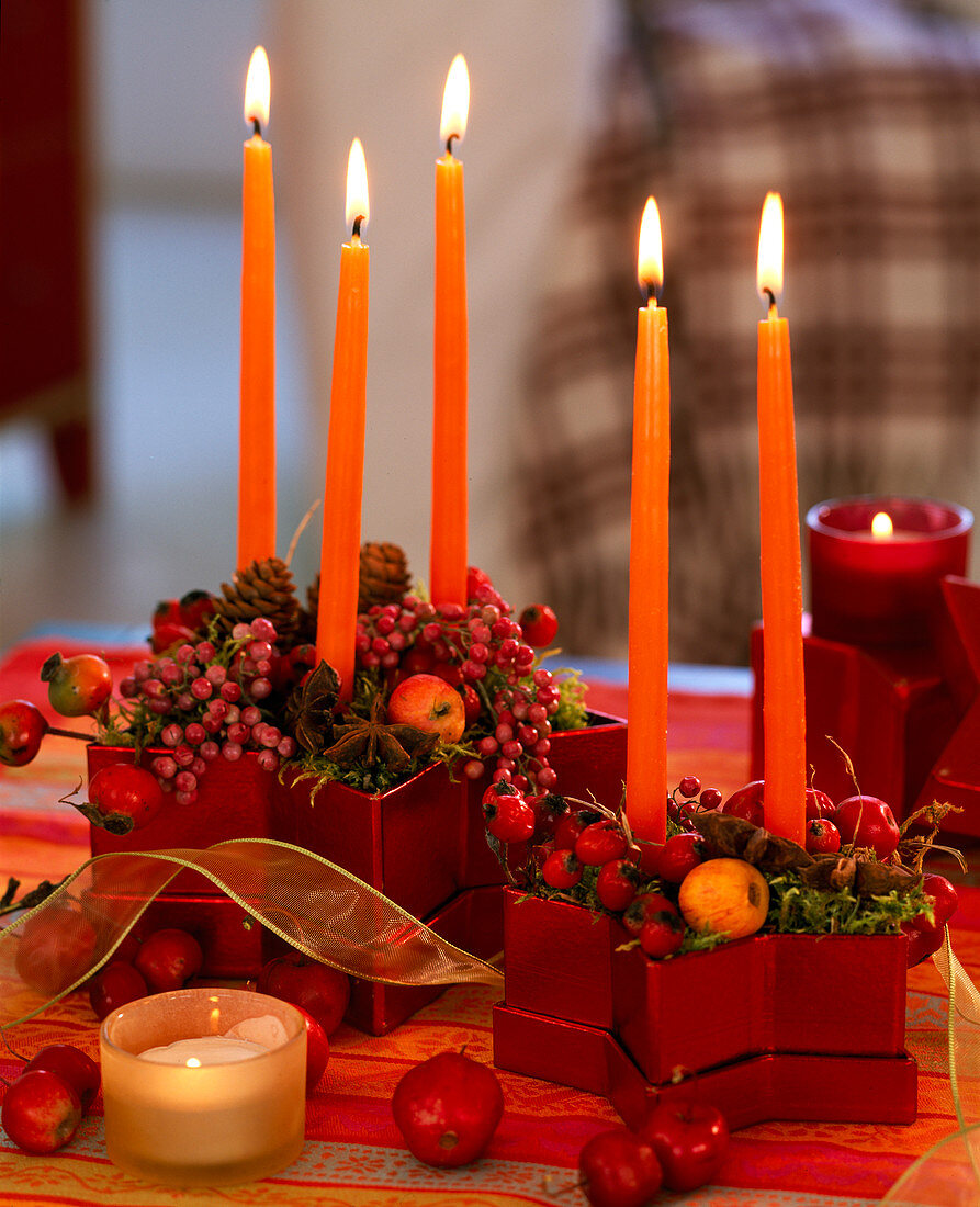 Star boxes adventitiously decorated with berries and candles