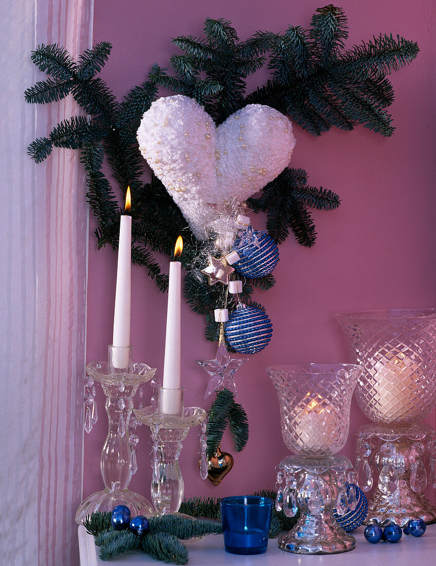Abies procera (Nobilistanne) with white heart, tree ornament, crystal lanterns