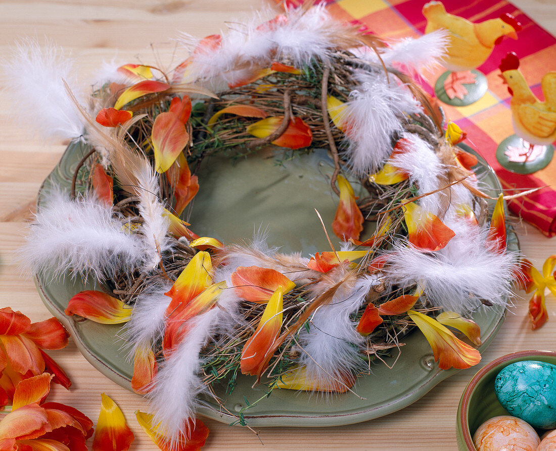 Wreath of twigs with feathers