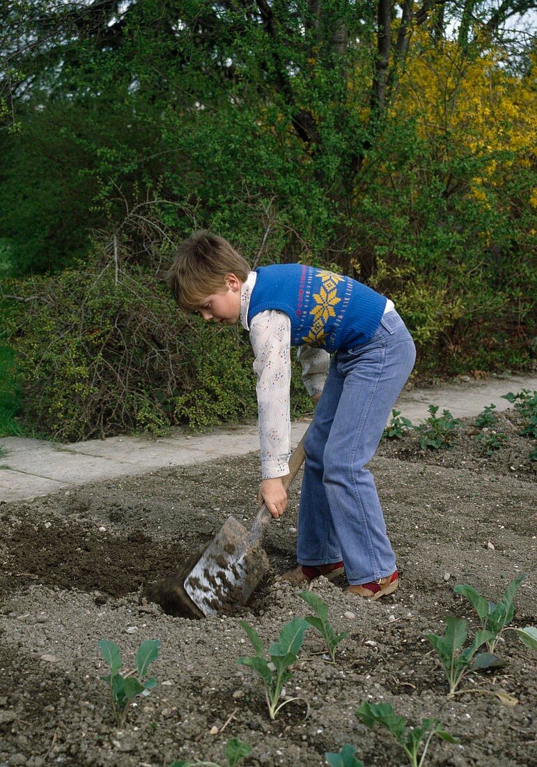 Junge gräbt im Frühling den Boden um