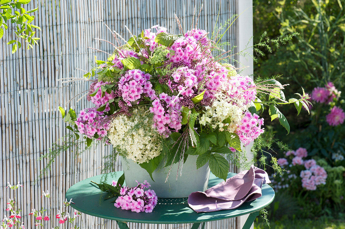 Lush bouquet of phlox (flame flowers), hydrangea (hydrangea)