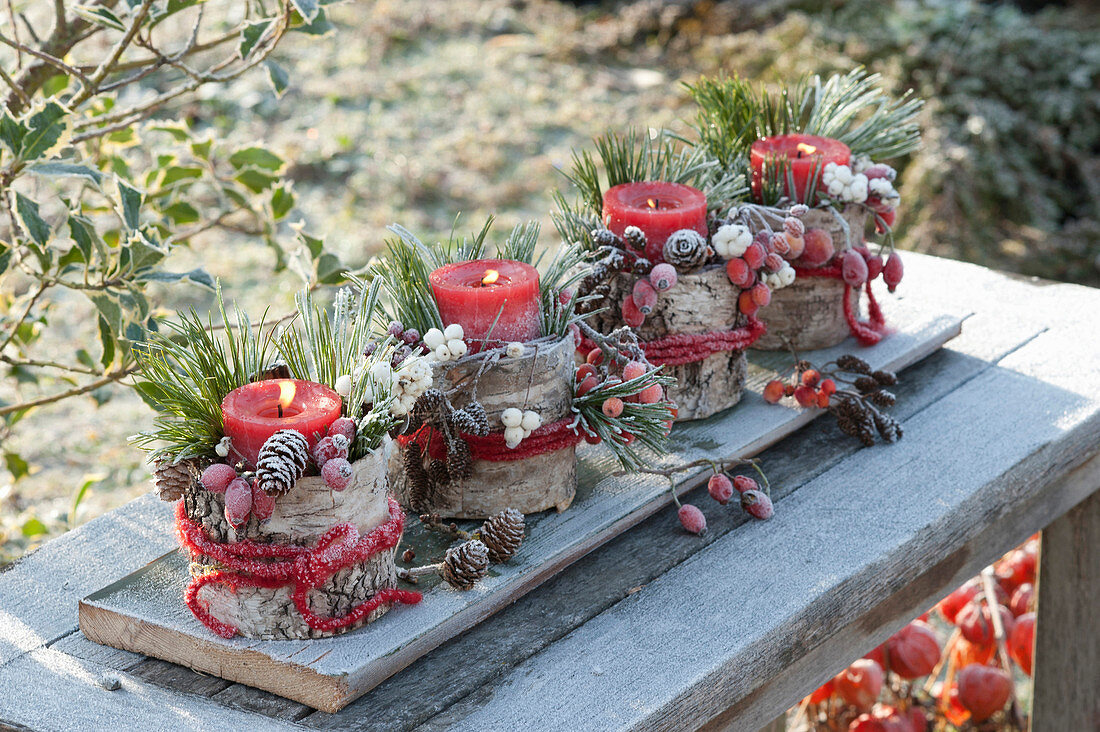 Winterliche Gestecke mit Kerzen, Zapfen, Beeren, Kiefernzweige auf Rindenpflock, Adventsgesteck