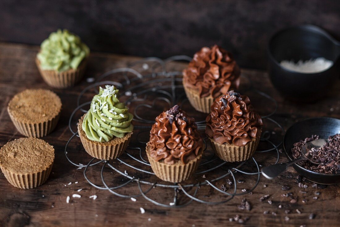 Vegan cupcakes with chocolate and matcha frosting