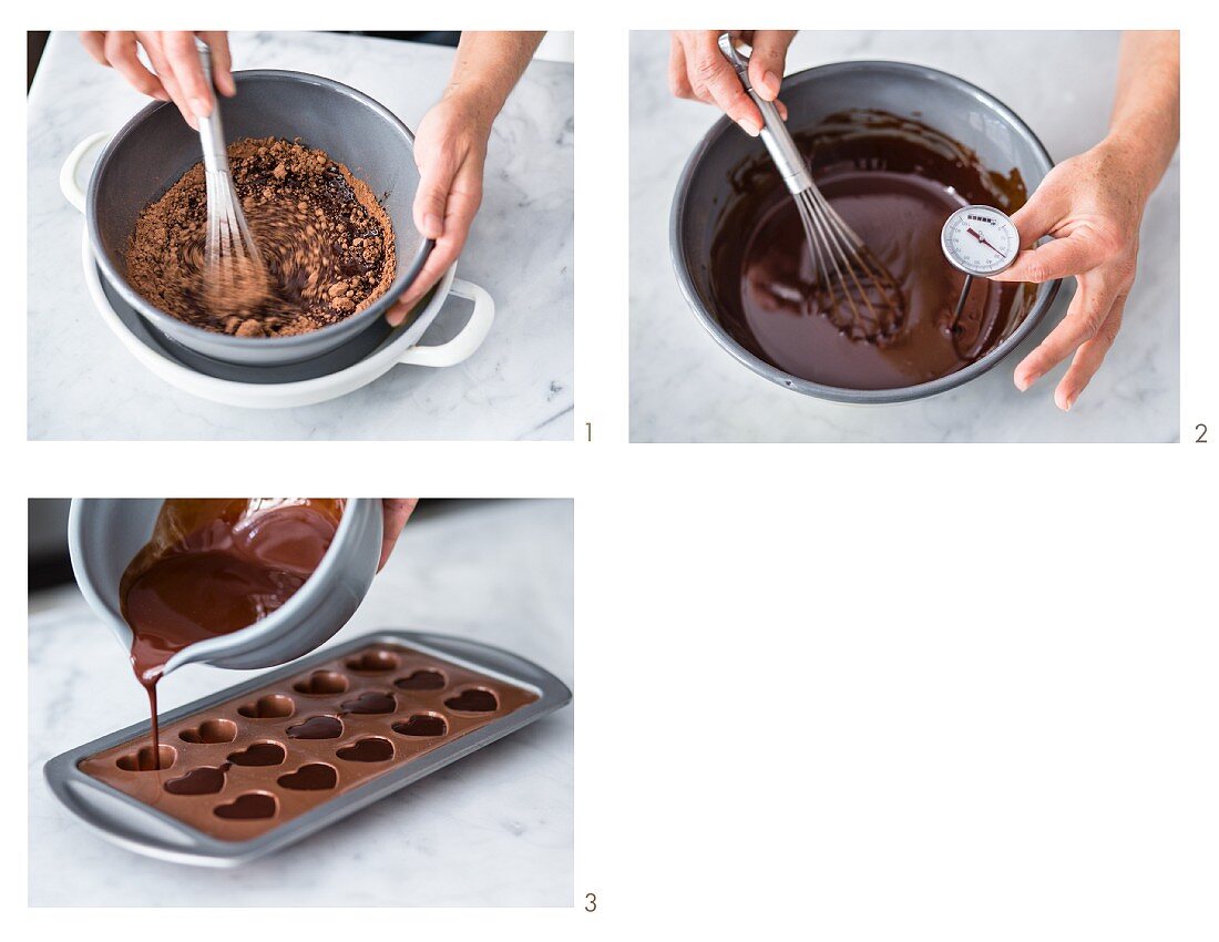 Vegan heart-shaped chocolate pralines being made