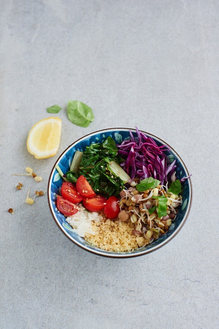 A healthy vegetable bowl with shoots, red cabbage and tomatoes