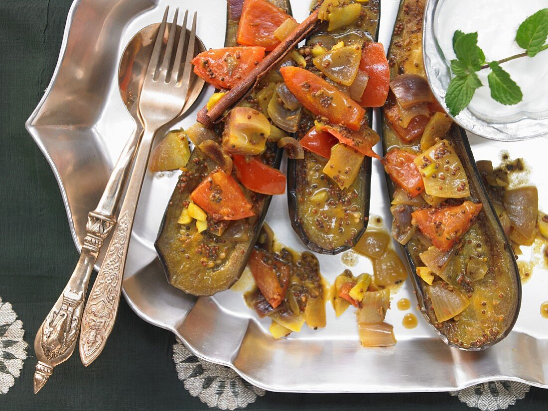 Indian eggplant ragout with various spices and vegetables