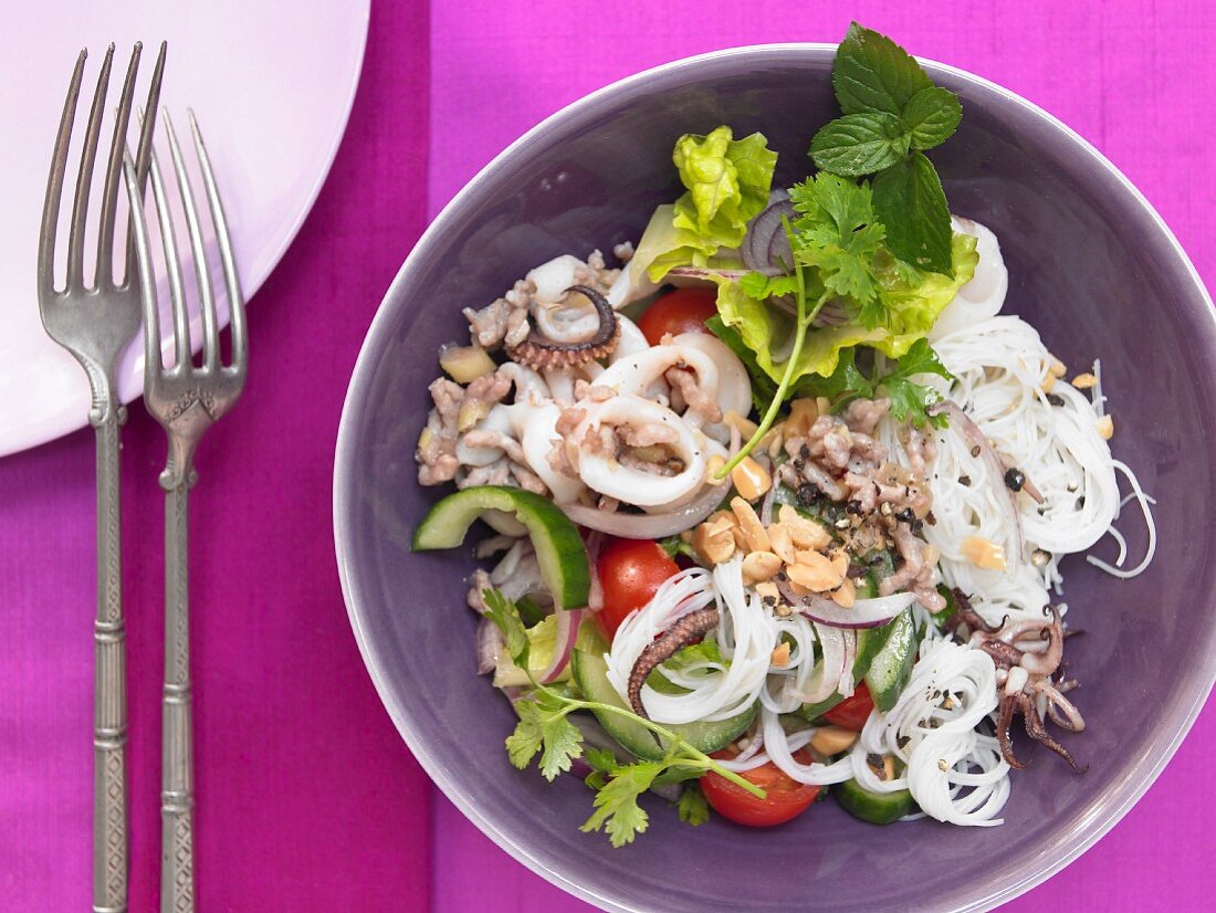 Calamari-Salat mit Reisnudeln und Schweinehackfleisch (Thailand)