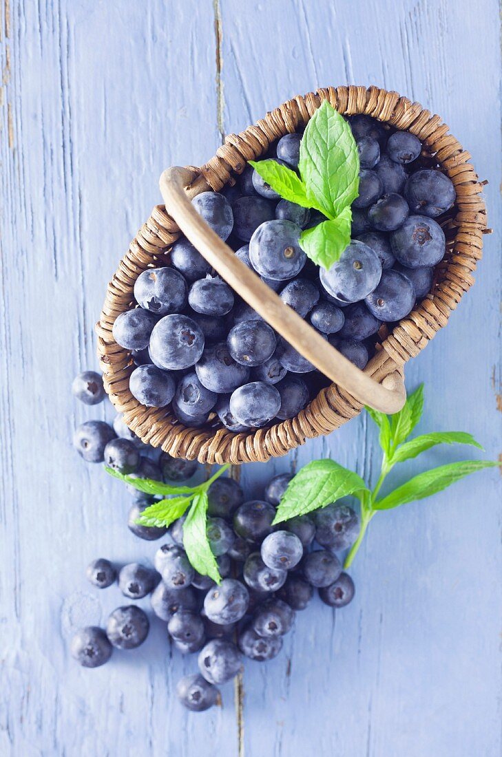 Blaubeeren im Weidenkorb auf blauem Holzuntergrund