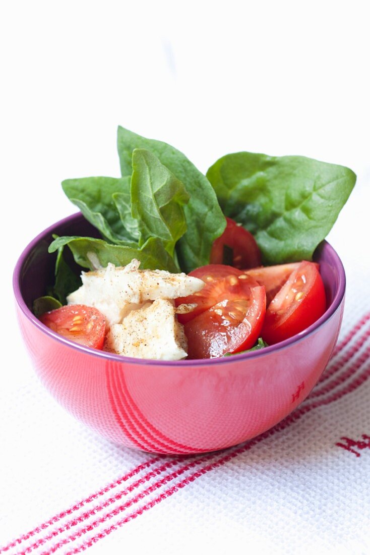 Tomato salad with New Zealand spinach and a bass fillet