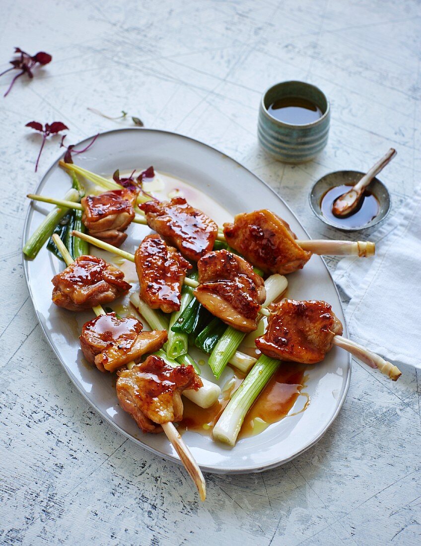 Chicken and lemongrass skewers on a bed of spring onions (low carb)