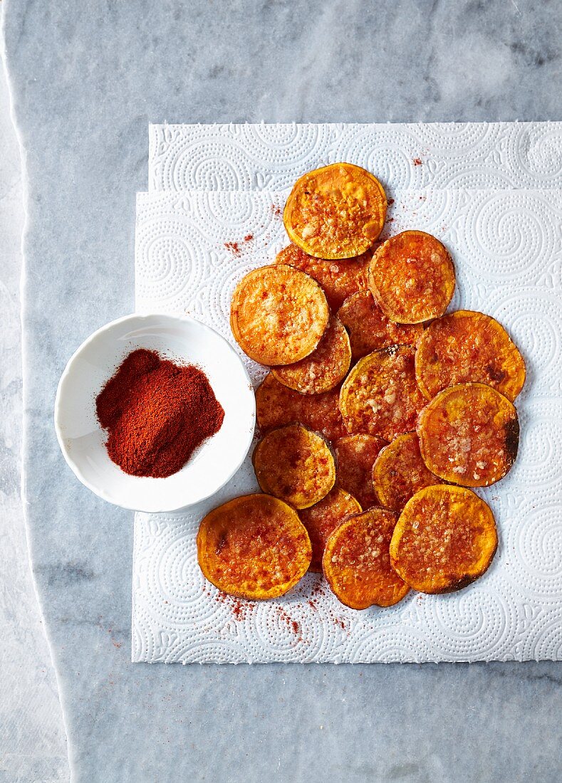 Sweet potato chips baked with parmesan