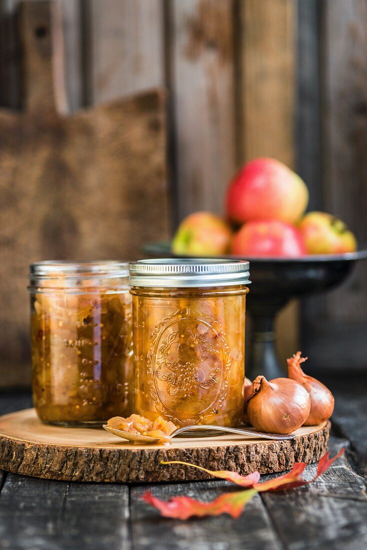 Two jars of apple and shallot chutney