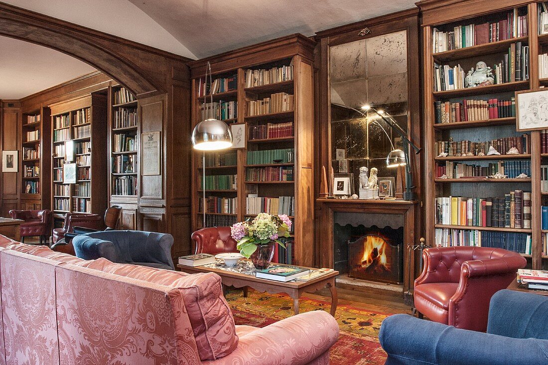 Classic library with dark wood and deep colours