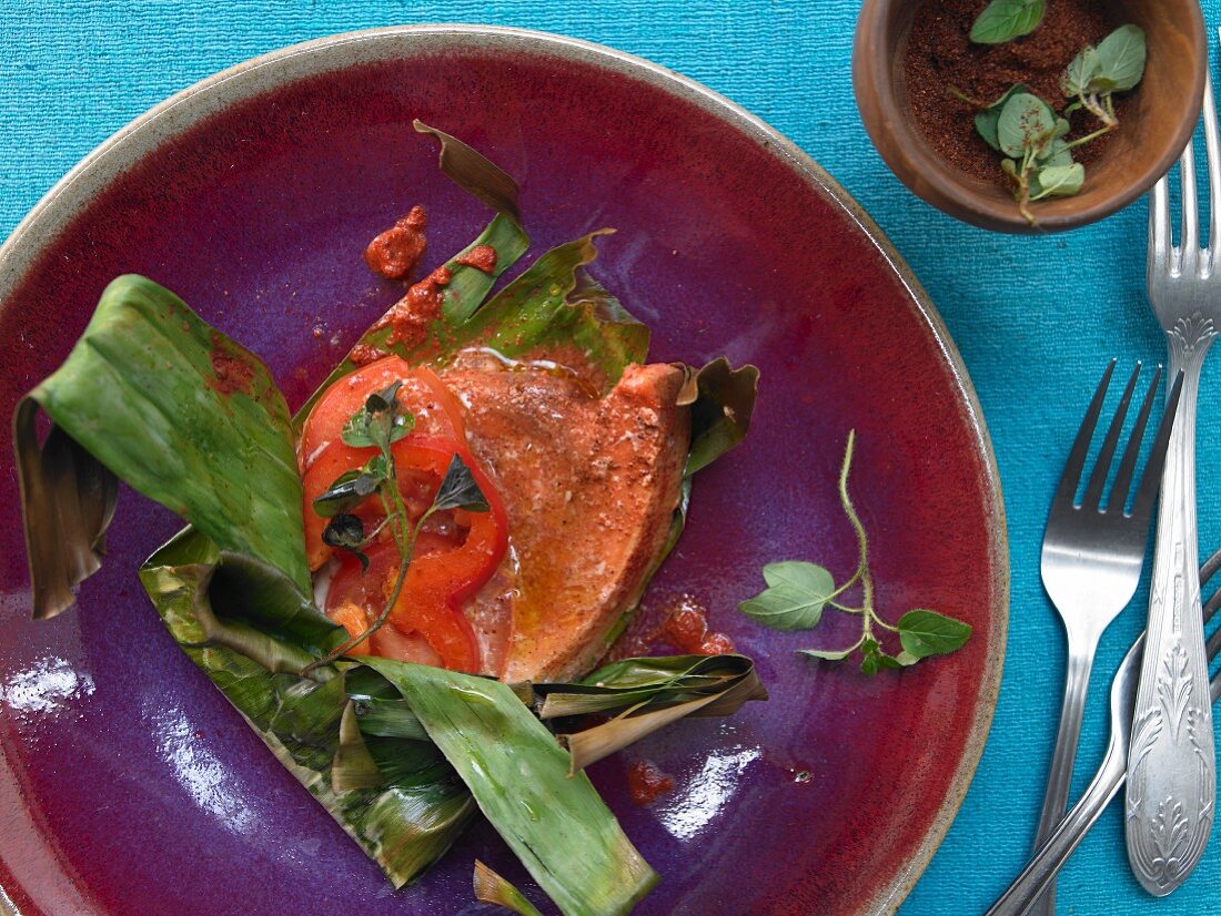 Mexican-style swordfish, grilled in a banana leaf