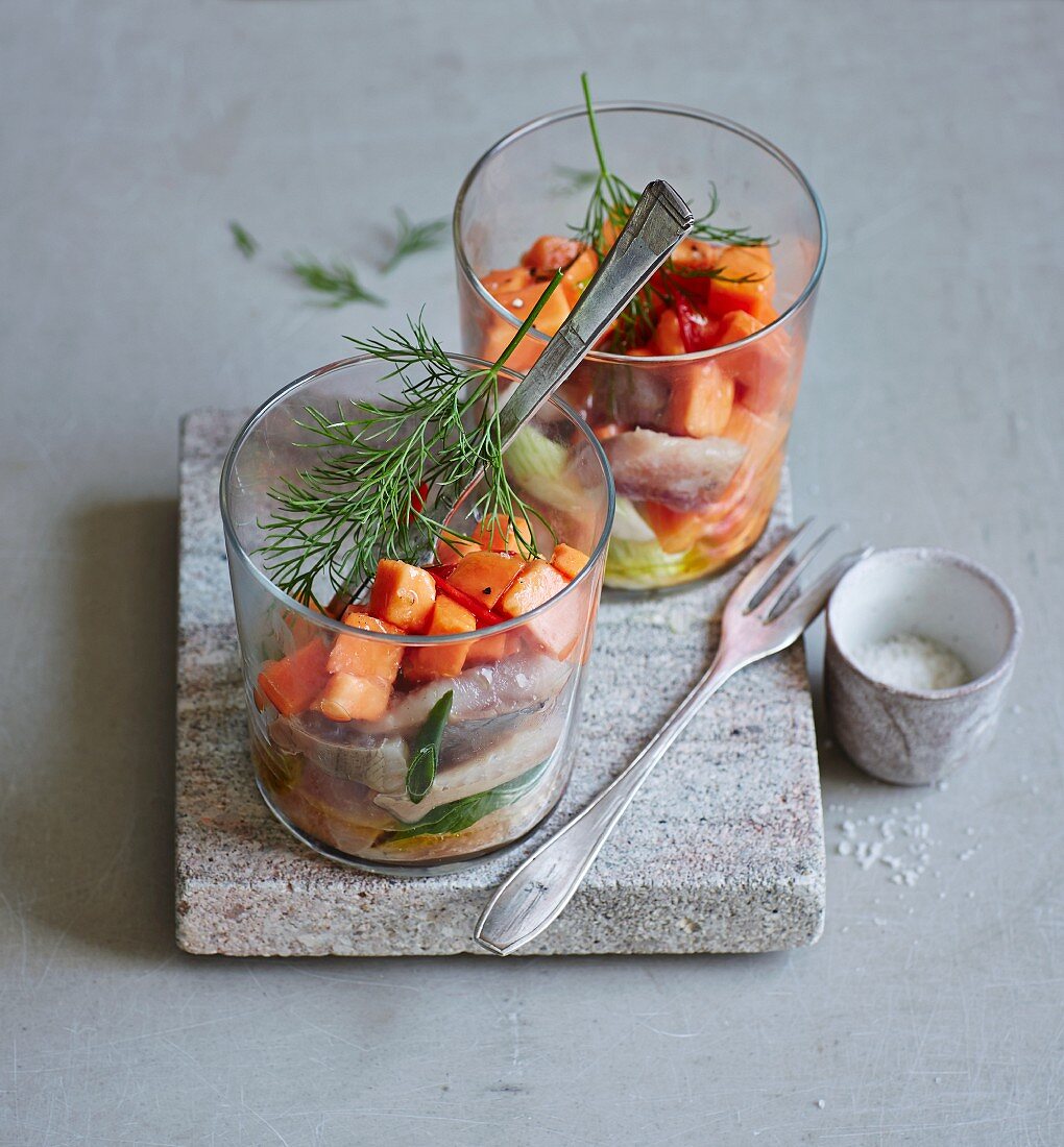Young salted herring verrine with papaya, chilli and spring onions (low carb)