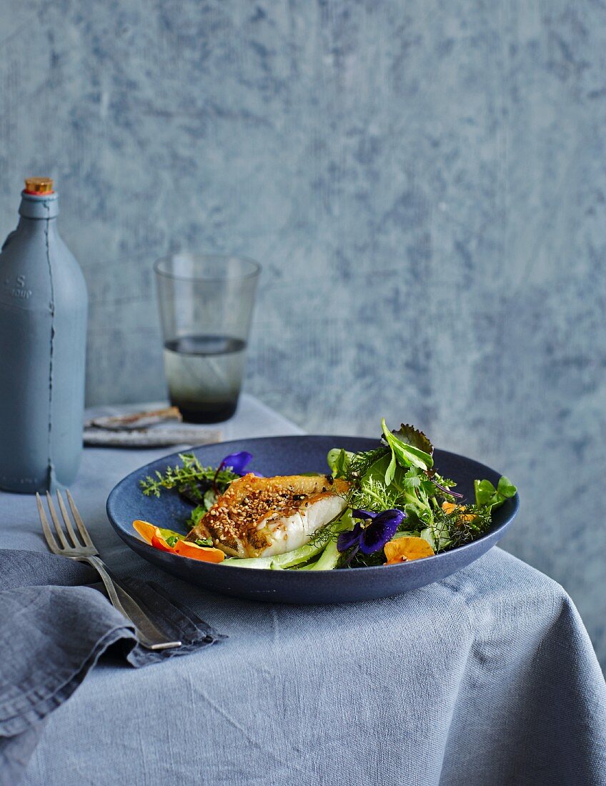 Zanderfilet in Pfefferkruste mit Wildkräütersalat und Gurke (Low Carb)