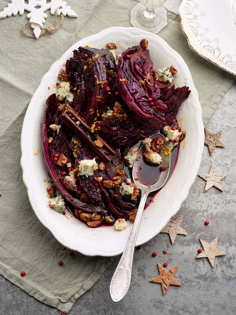 Braised red cabbage with a spoon for Christmas