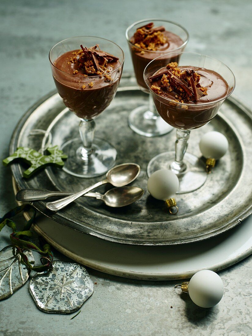 Chocolate mousse topped with flaked chocolate