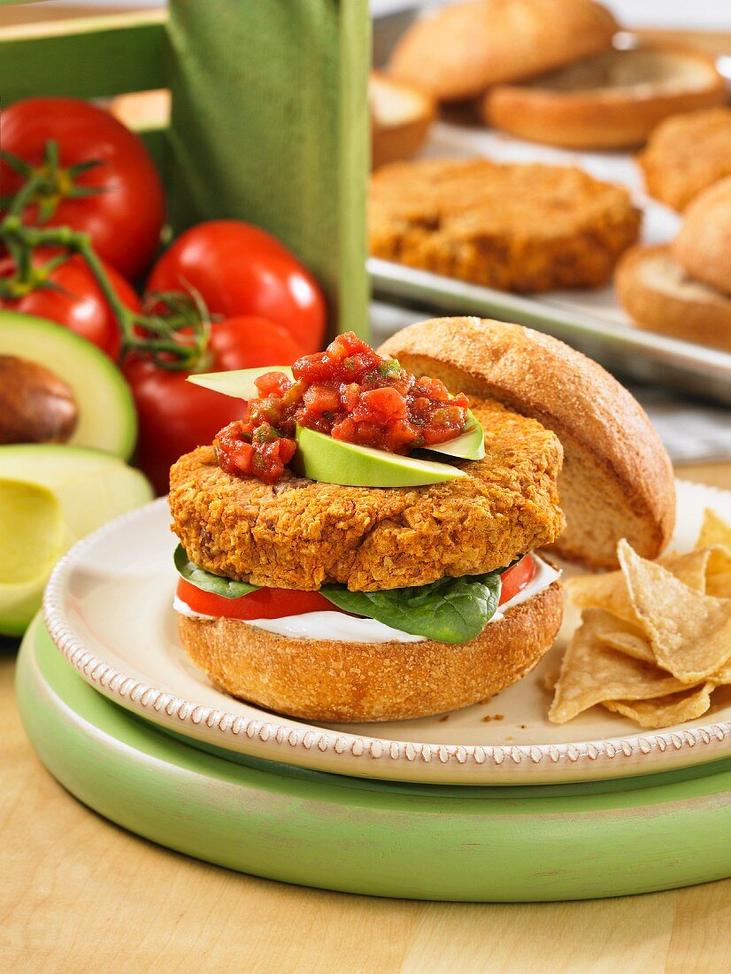 Spicy pinto bean burger with salsa and tortilla chips