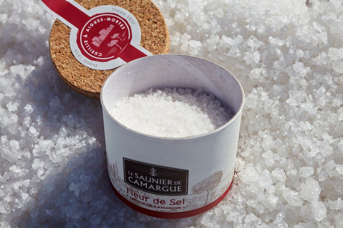An open tub of sea salt from the Camargue region of France