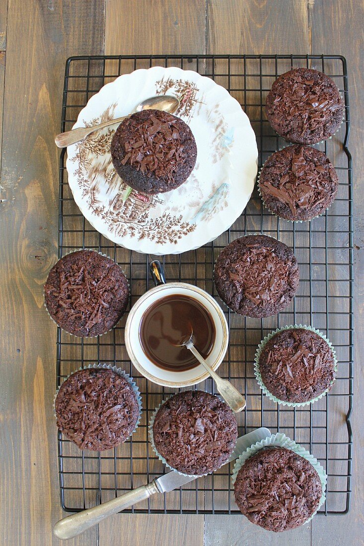 Chocolate muffins on a cooling tray