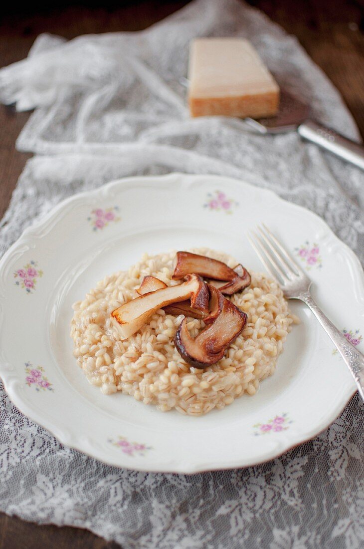 Orzotto (pearl barley risotto rice from Italy) with wild mushrooms