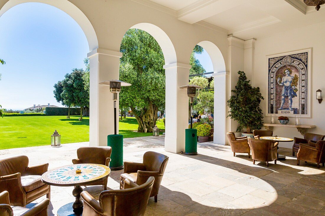 Garden lounge of the Finca Cortesin hotel in Málaga, Andalusia (Spain)