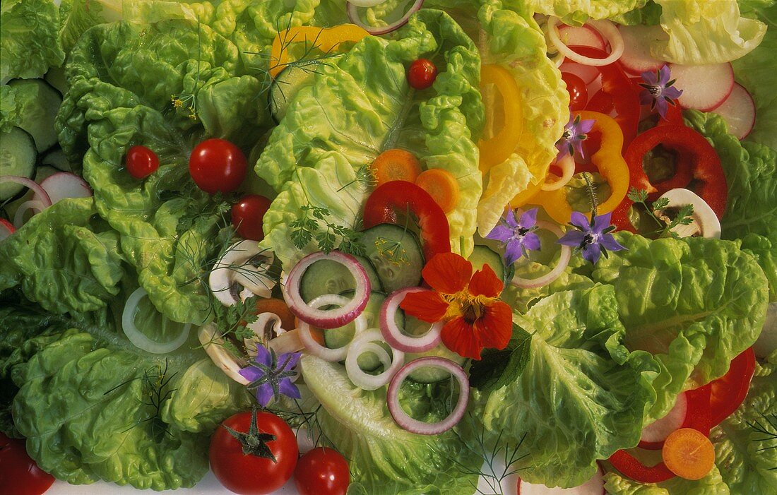 Kopfsalat mit verschiedenem Gemüse & Blüten