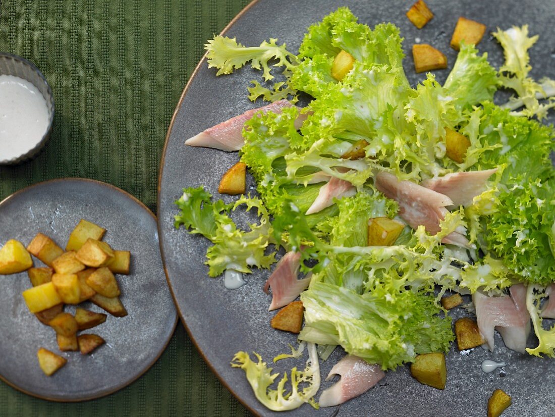 Räucherforelle auf grünem Salat mit Kartoffel-Croûtons und Meerrettichsauce