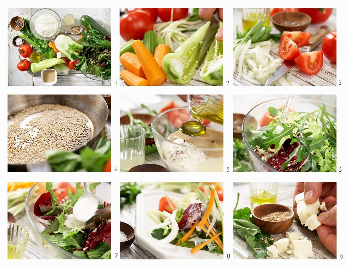 Gemischten Salat mit Gemüsestreifen und Schafskäse zubereiten