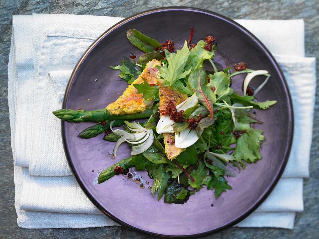 Rotbarbe auf Salat-Mix mit grünem Spargel und Fenchel