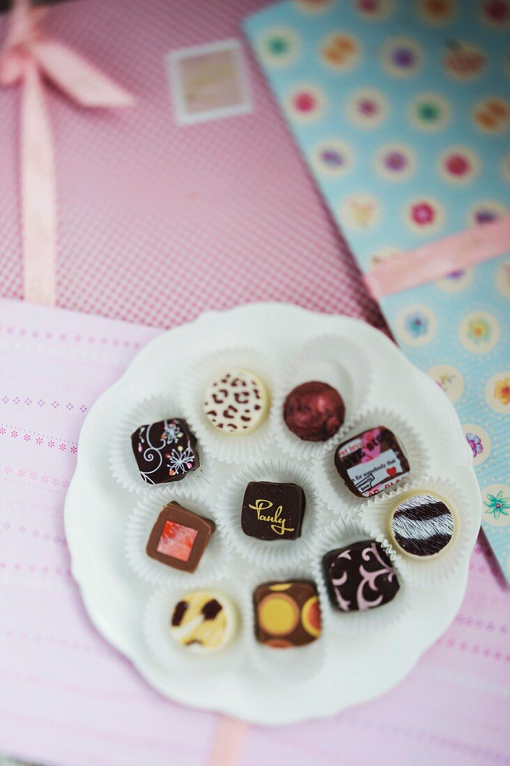 Pralines at the Sabine Pauly boutique and café in Bendorf, Rhineland-Palatinate, in the Eifel region of Germany