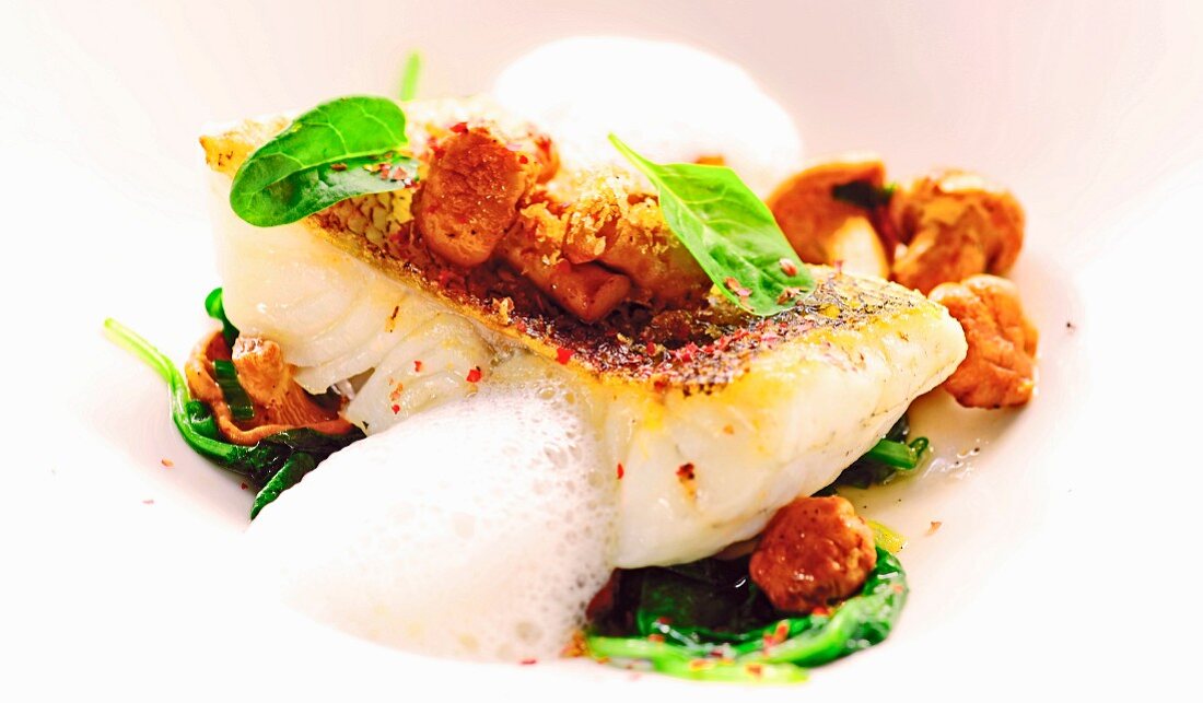 Pike-perch on a bed of spinach and chanterelles