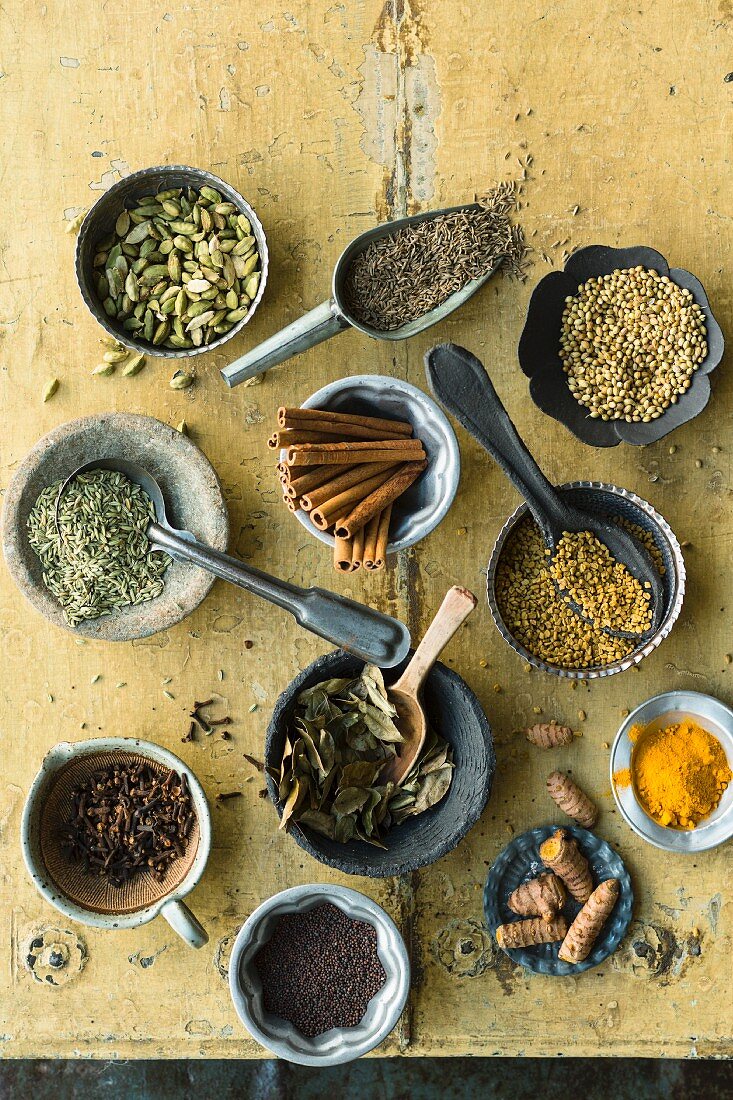 An arrangement of typical Indian spices (see from above)