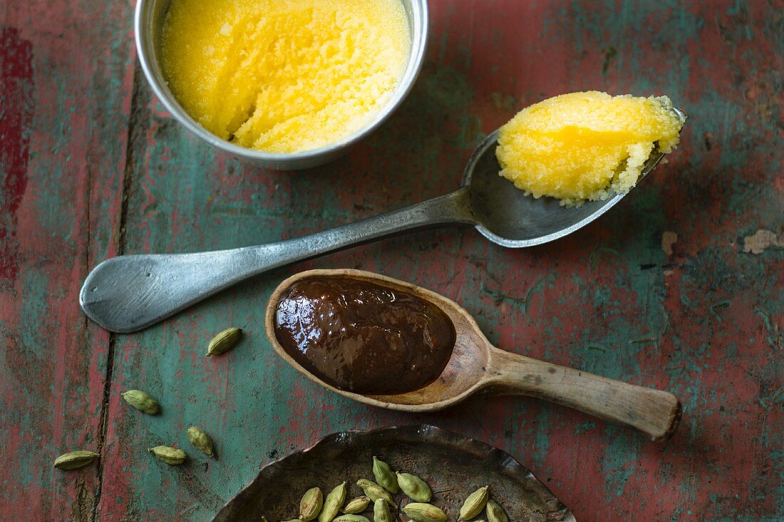 Indian ghee and tamarind paste on spoons