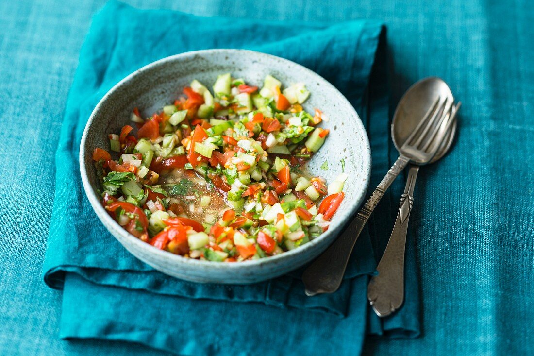 Vegan kachumber (an Indian salad with cucumber and tomatoes)