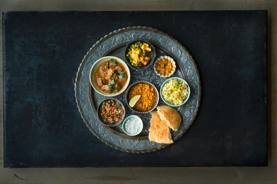 Thali (a platter of Indian dishes and dips in small bowls)