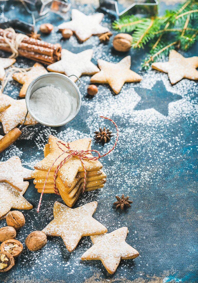 Gingerbread Christmas star shaped cookies with cinnamon, anise and nuts