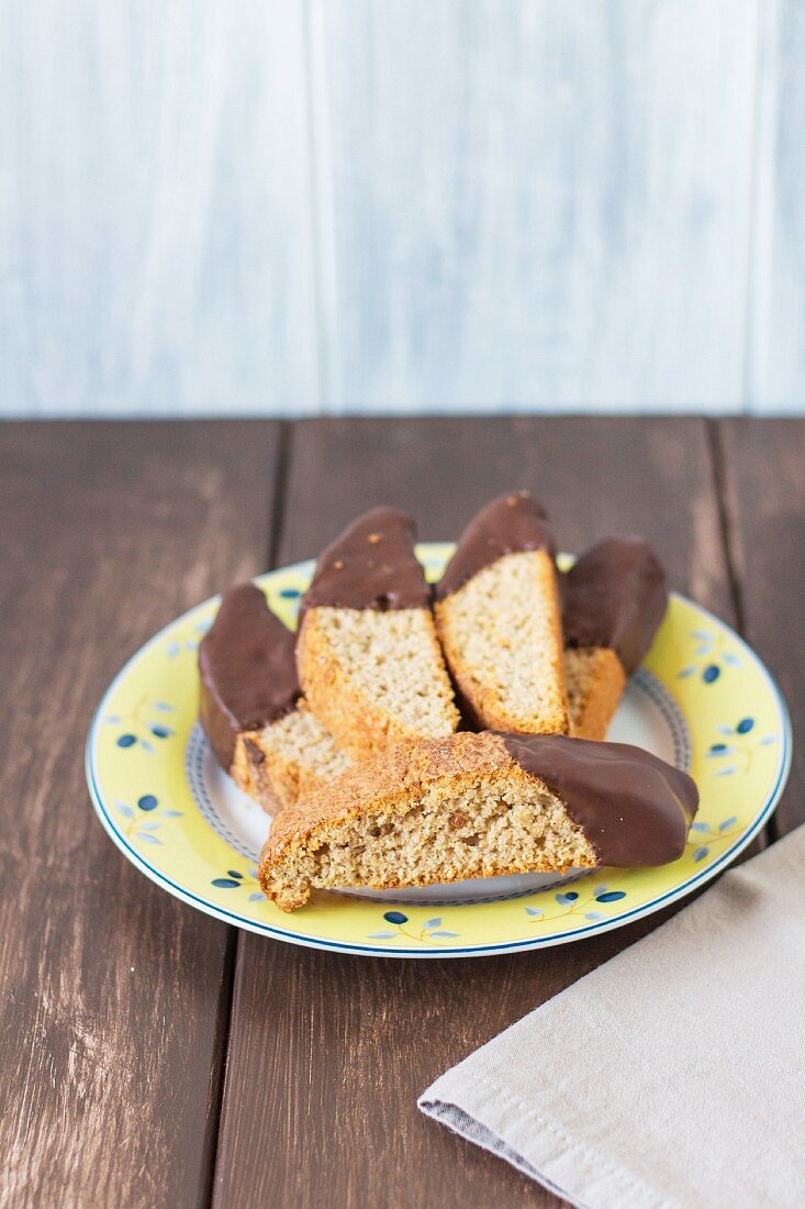 Banana bread biscotti with a chocolate glaze