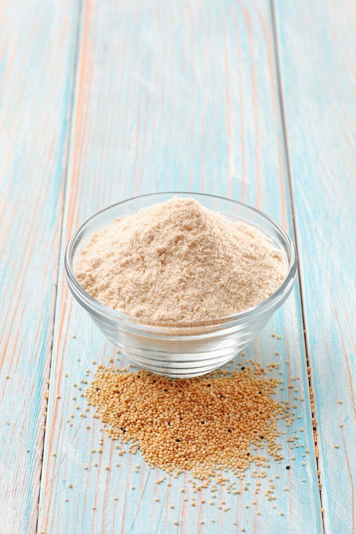 Quinoa flour in a small glass bowl