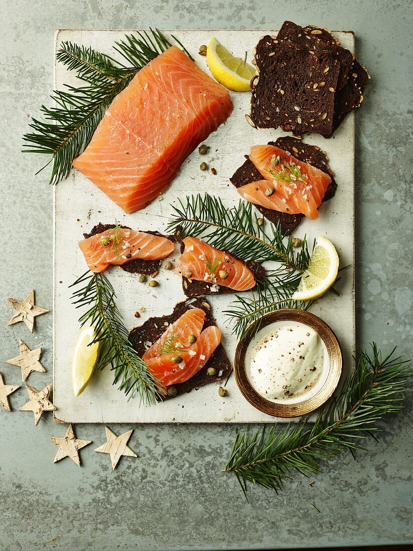 Gin and Pine Cured Salmon with preserved orange and crisp rye bread