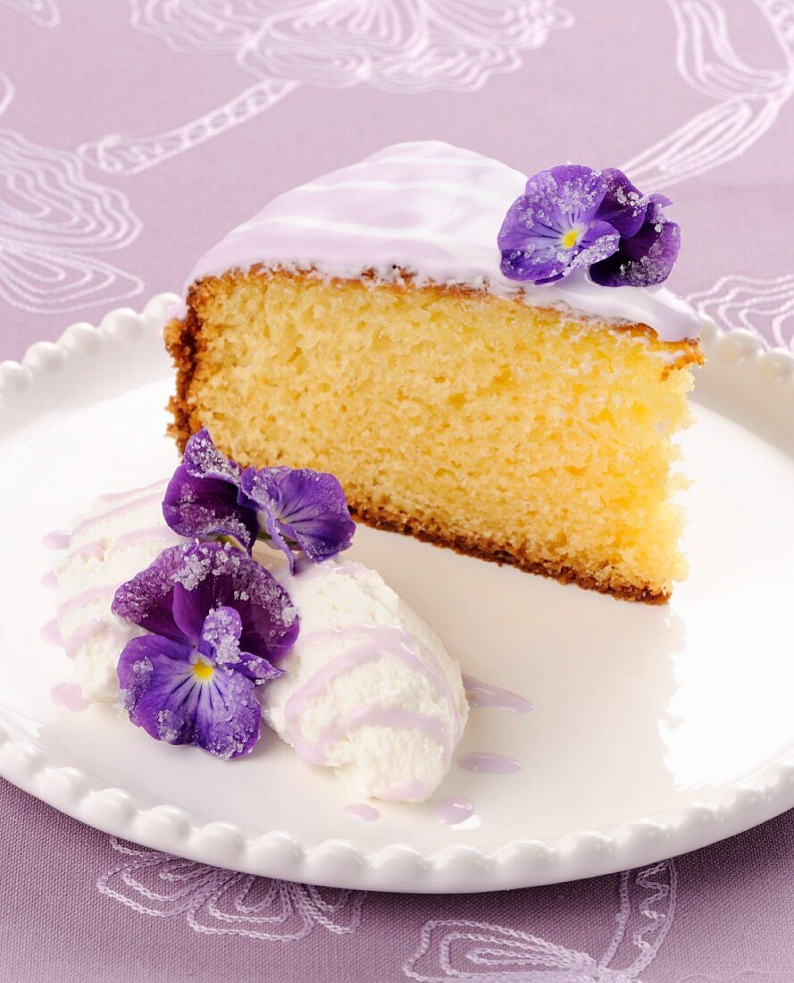 A piece of Ricotta tart with violets