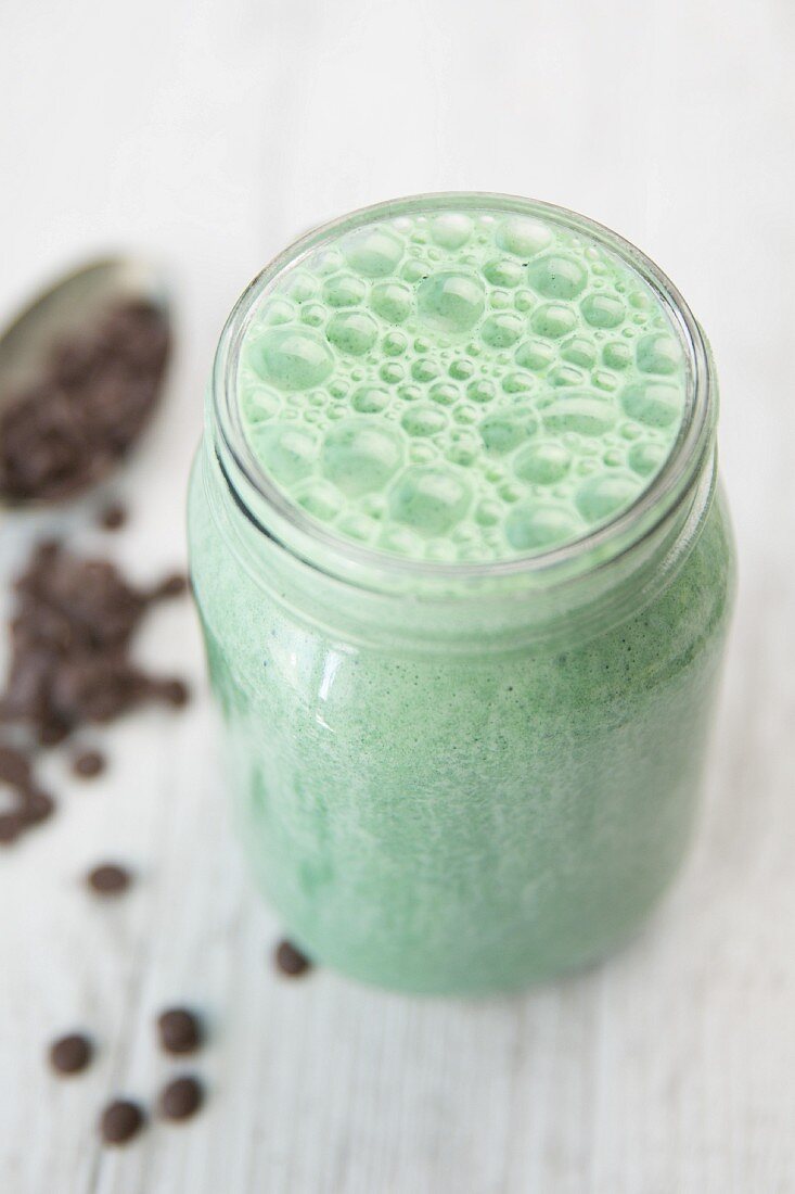 A chocolate and mint smoothie in a glass