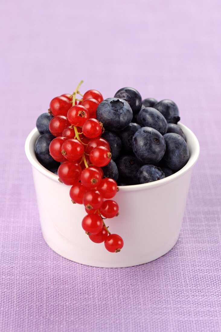Red currants and blueberries in a ceramic bowl