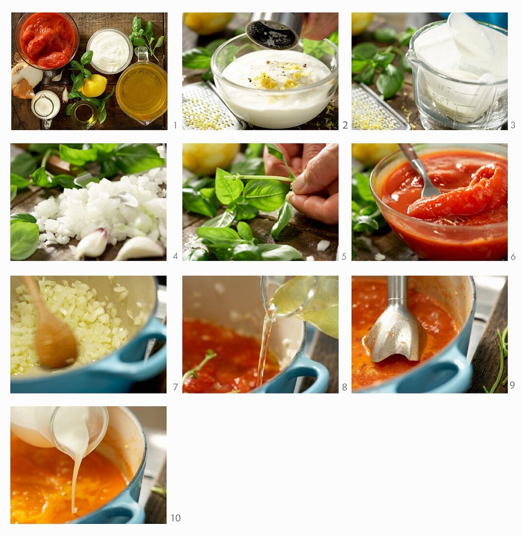 Tomaten-Basilikumsuppe mit Joghurt zubereiten