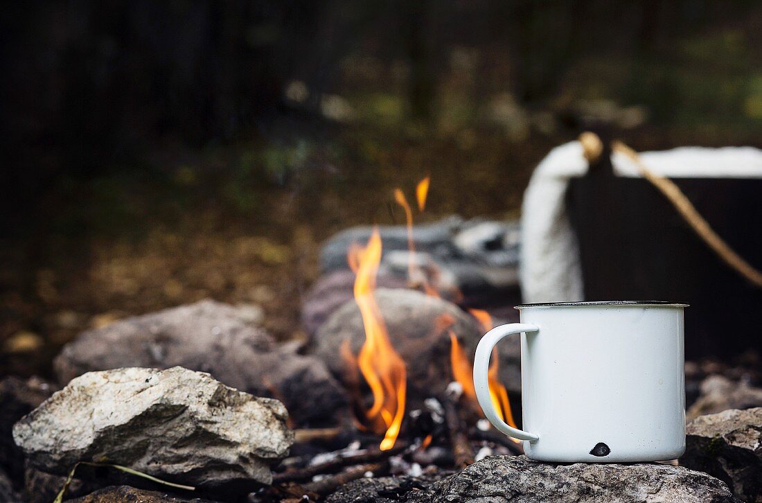 Picnic in the woods with a cup of tea close to the fire