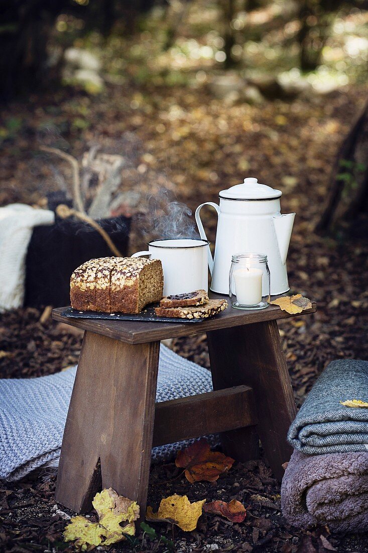 Picknick im Wald mit einer Tasse Tee und Körnerbrot