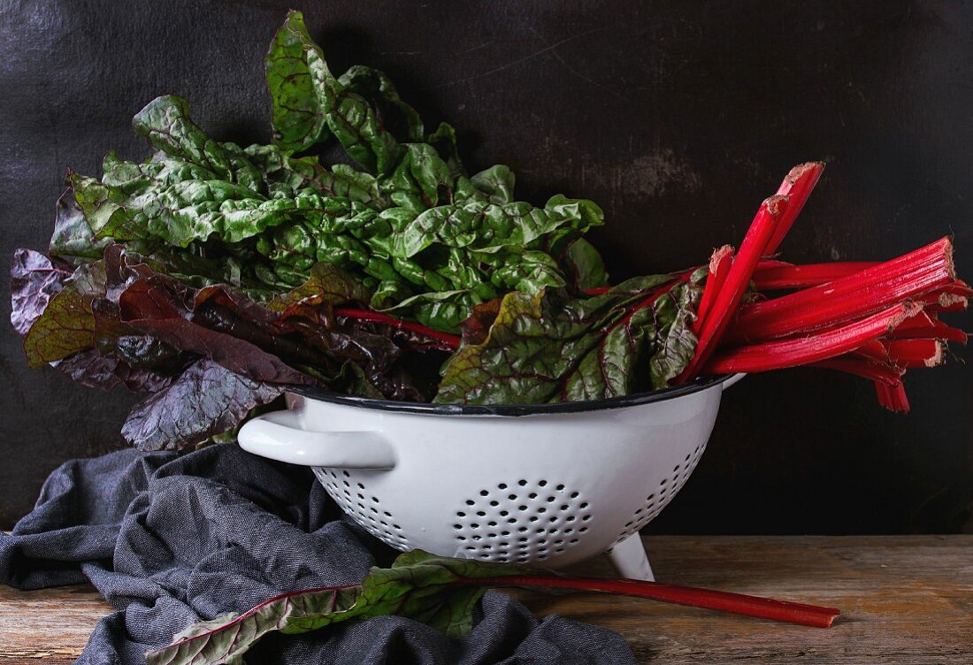 Fresh chard mangold salad leaves in white colander